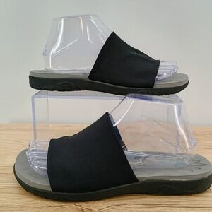 YUU Womens 7.5M Black Faux Leather Comfort Slide Sandals Low Wedge Slip On